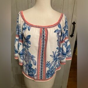 Jealous Tomato White Blue Floral Off Shoulder Flounce Crepe Top Bell Sleeves S-S